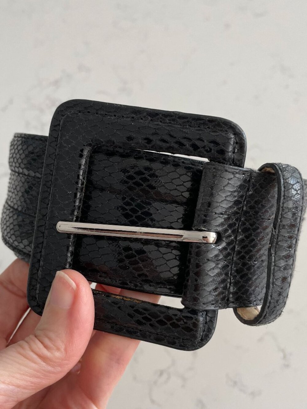 Vtg Reptile Print 2" Belt Manmade Material Upper & Genuine Leather Lined Black M